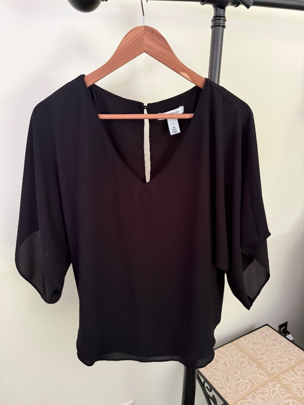 WHBM 2 pc Outfit Black Chiffon V-Neck Blouse/Gingham Slim Ankle Pants